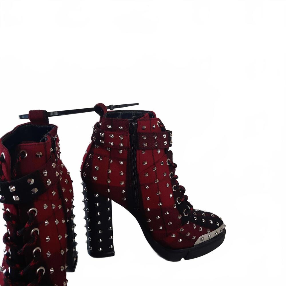 Gianni Bini Red and Black Plaid Studded Chunky Boots Size 7.5 - Picture 3 of 6